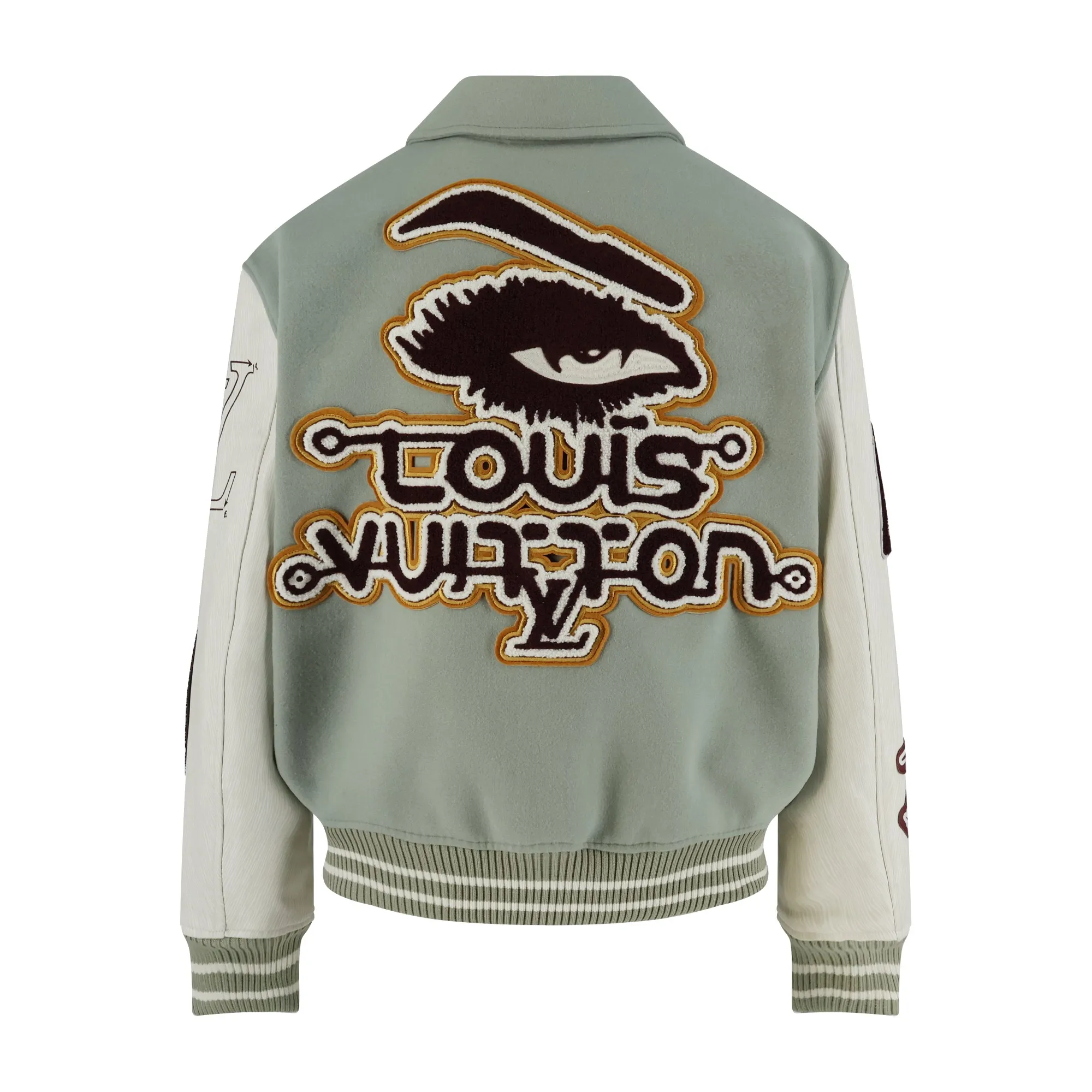 🅿️1100 1v 23FW limited edition devil’s eye baseball jacket. The original version was purchased for RMB 52,000 and developed. Customized 100% pure woolen woolen fabric and custom-dyed in light gray. Genuine leather-trimmed pockets with snap buttons on the front. Threaded layered weaving at the cuff hem adds a layered feel. YB molded custom snaps. The surface is spray-painted with glossy paint. The engraved logo is clear. The logo is engraved on both the inside and outside of the snap. This dress has 9 labels. The elegant tones highlight the delicate embroidered logo. The cuffs are made of calfskin imported from Australia. The texture retains the original stripe structure. This dress has four different embroidery techniques. The threads are made of pure cotton yarn. It is woven on a roving flat machine. The devil's eye embroidery on the back panel uses an imported towel embroidery machine. Each pattern is first embroidered on the wool. The types and colors of the embroidery threads are different. It requires manual replacement of different needles and threads, and then fixed with a sewing machine. It is very time-consuming and labor-intensive. The classic baseball uniform lapel collar is equipped with a four-button chain and a custom 1V brand logo patch logo on the inside. It is equipped with two hidden pockets and a custom coded wash mark to achieve a true restoration. ZG Size: S-M-L-XL